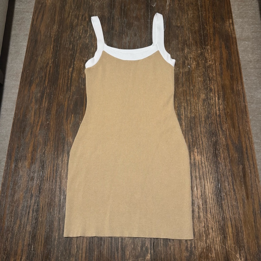 Lulus Ribbed Bodycon Tank Dress in Tan & White – Size M - Picture 2 of 4